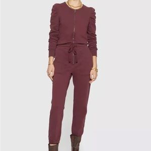 Rebecca Minkoff Women's Full Zip Long Sleeve Drawstring Jumpsuit Burgundy Size L